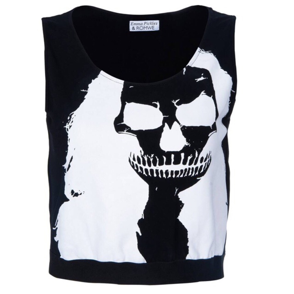 ROMWE White Long-Haired Skull  Black Tank Top